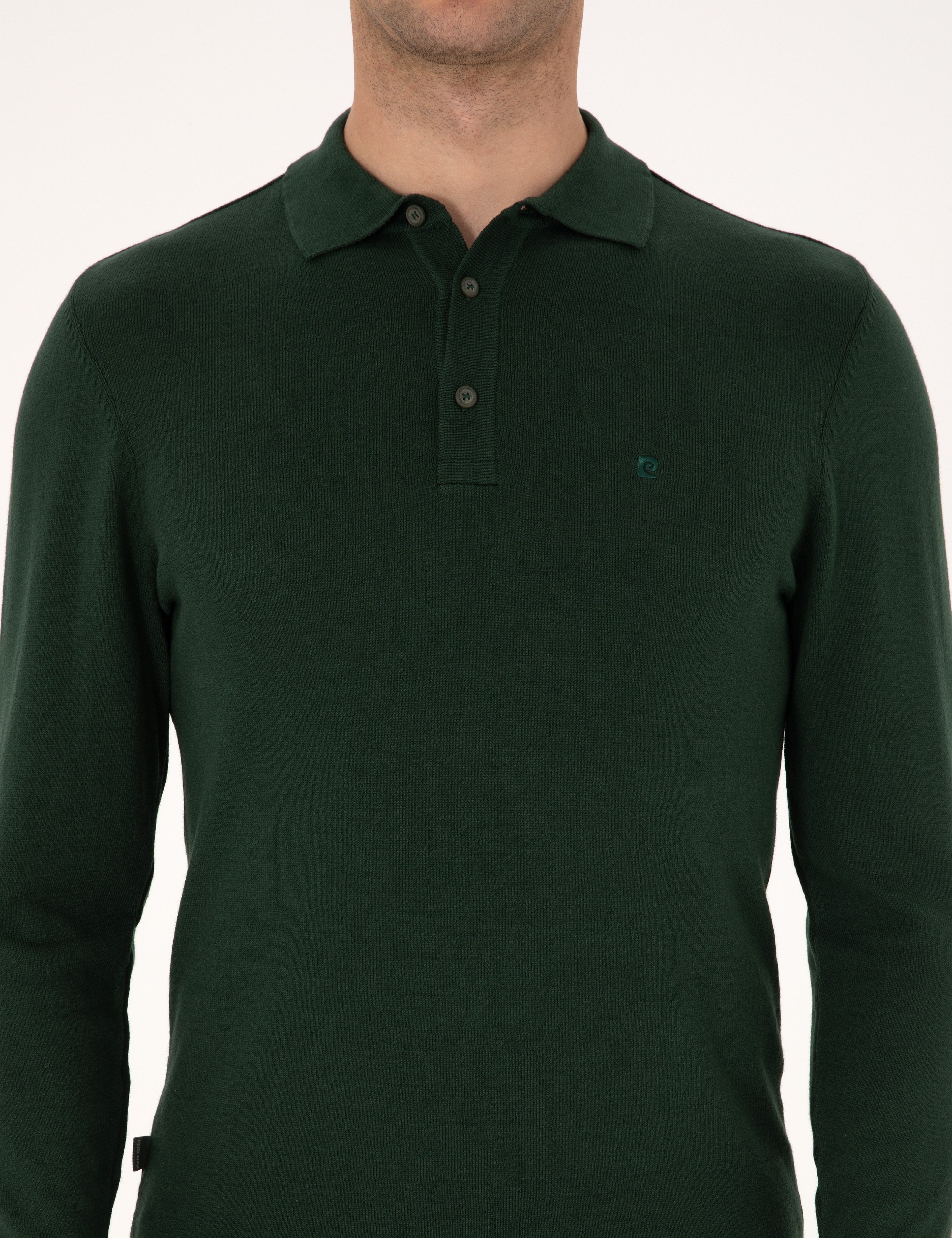Koyu Yeşil Slim Fit Polo Yaka Basic Triko Kazak - Image 6