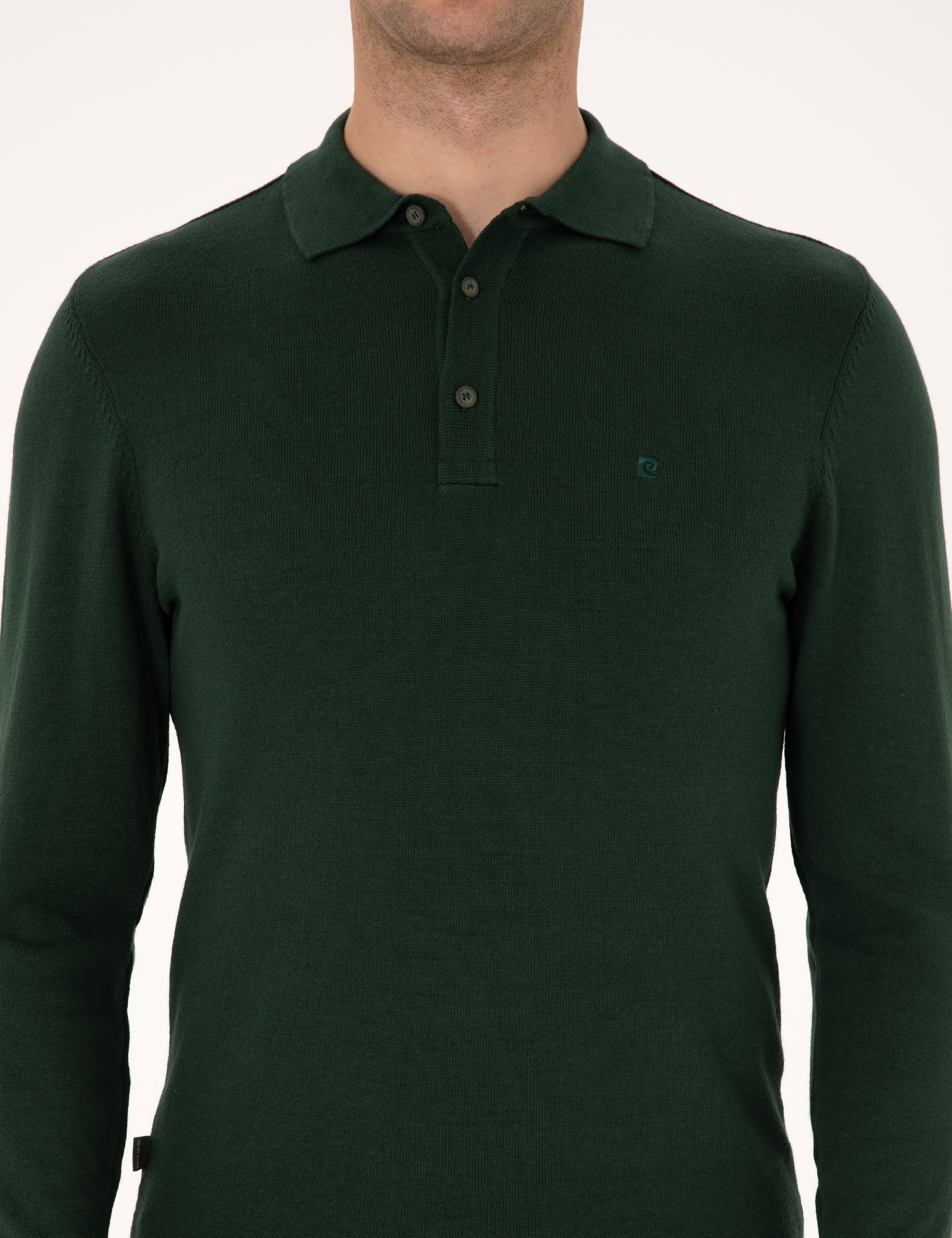 Koyu Yeşil Slim Fit Polo Yaka Basic Triko Kazak