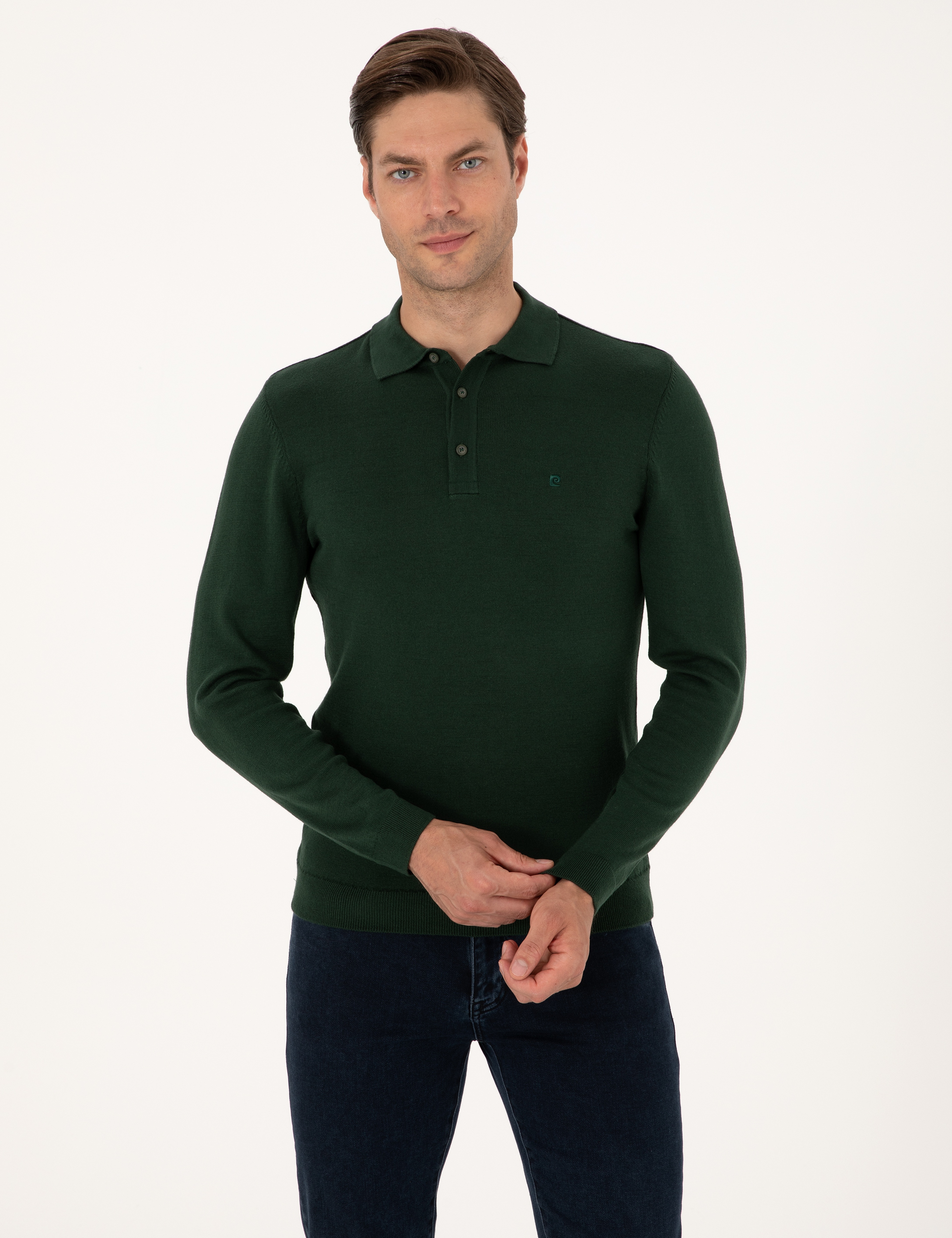 Koyu Yeşil Slim Fit Polo Yaka Basic Triko Kazak
