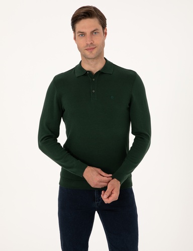 Koyu Yeşil Slim Fit Polo Yaka Basic Triko Kazak