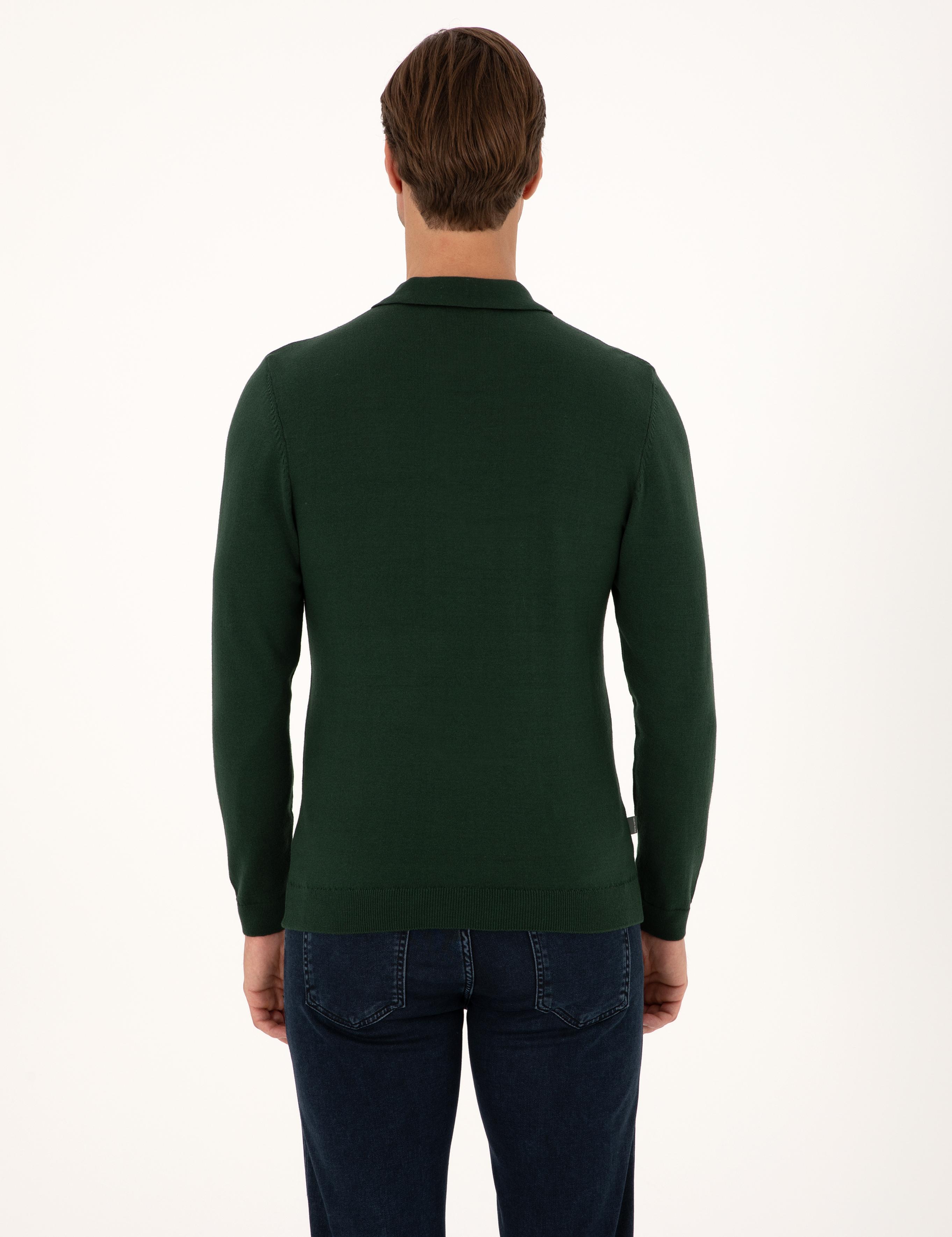 Koyu Yeşil Slim Fit Polo Yaka Basic Triko Kazak