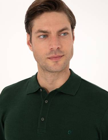 Koyu Yeşil Slim Fit Polo Yaka Basic Triko Kazak