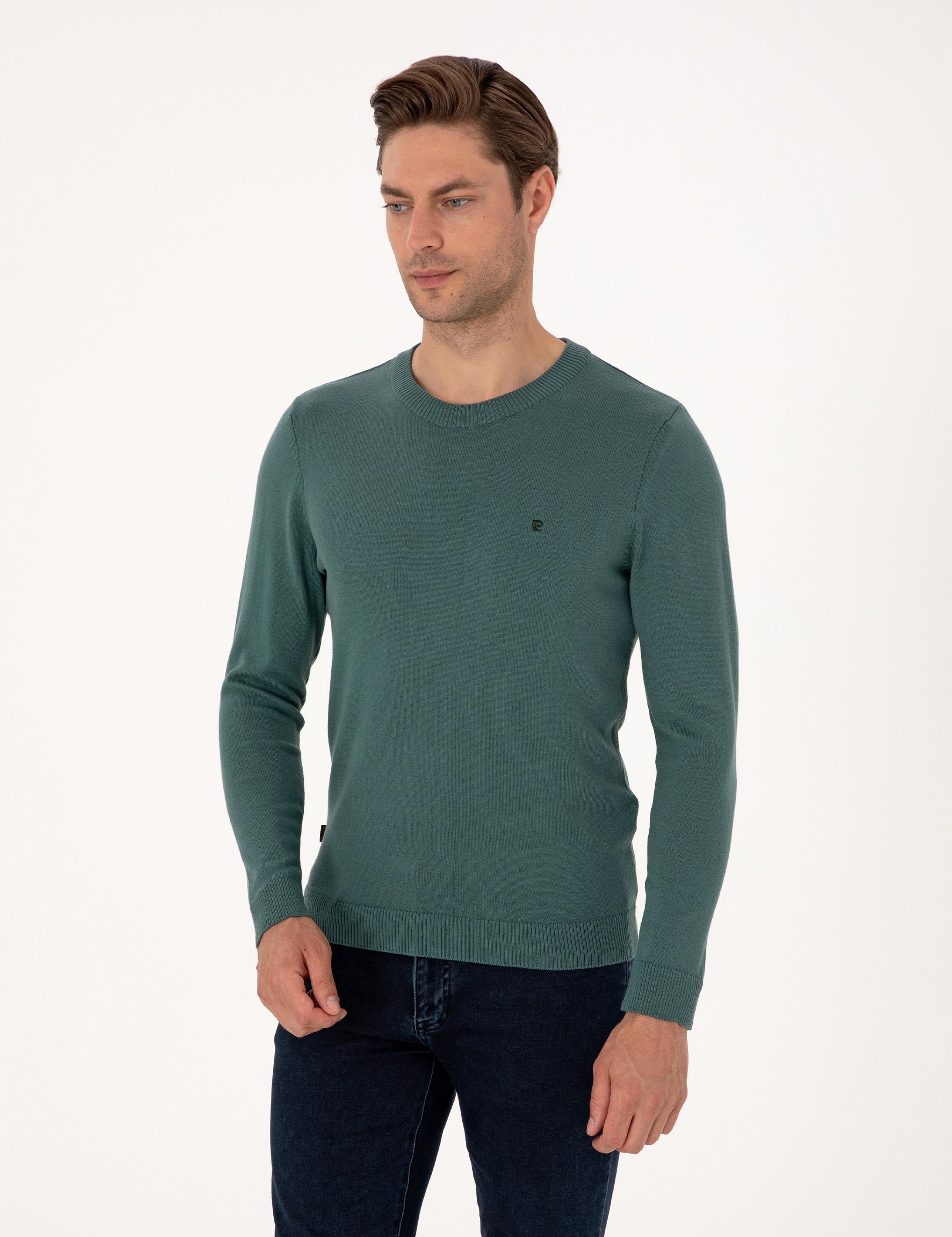 Yeşil Slim Fit Bisiklet Yaka Basic Triko Kazak