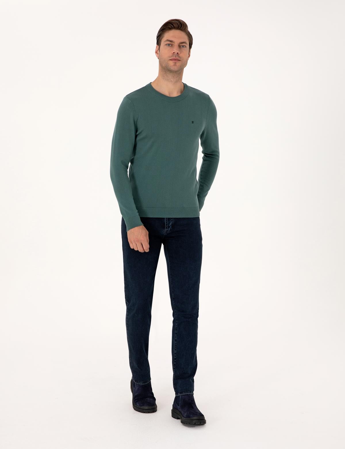 Yeşil Slim Fit Bisiklet Yaka Basic Triko Kazak - 50314192051