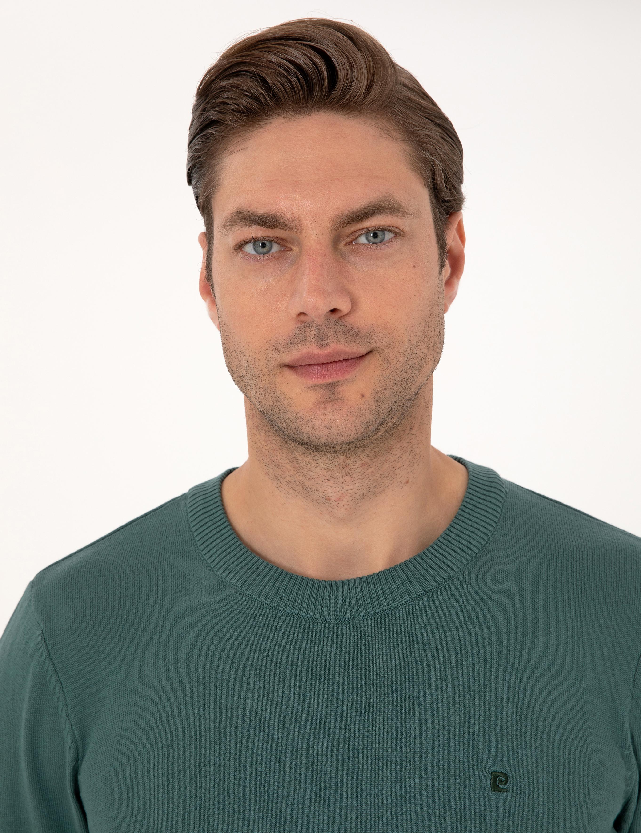 Yeşil Slim Fit Bisiklet Yaka Basic Triko Kazak