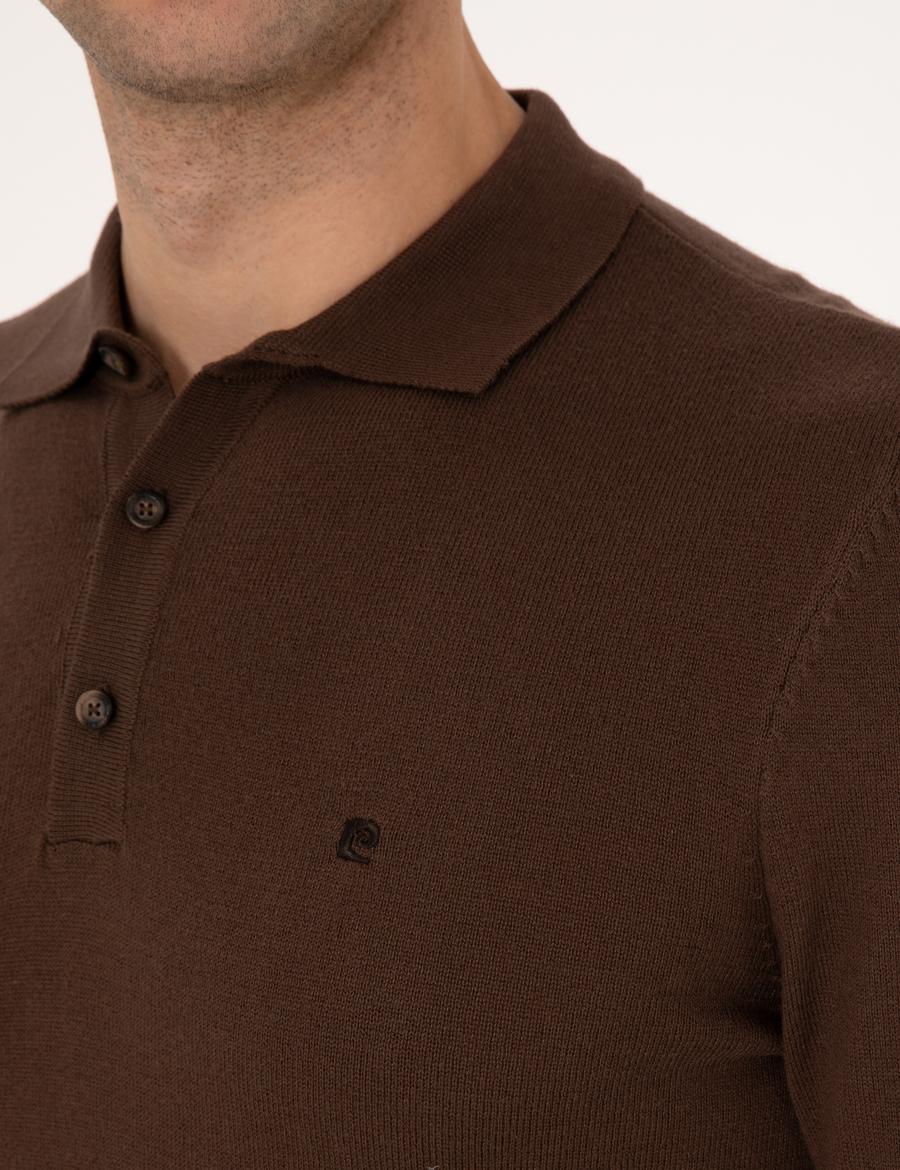 Kahverengi Slim Fit Polo Yaka Basic Triko Kazak