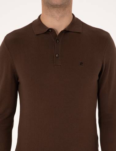 Kahverengi Slim Fit Polo Yaka Basic Triko Kazak