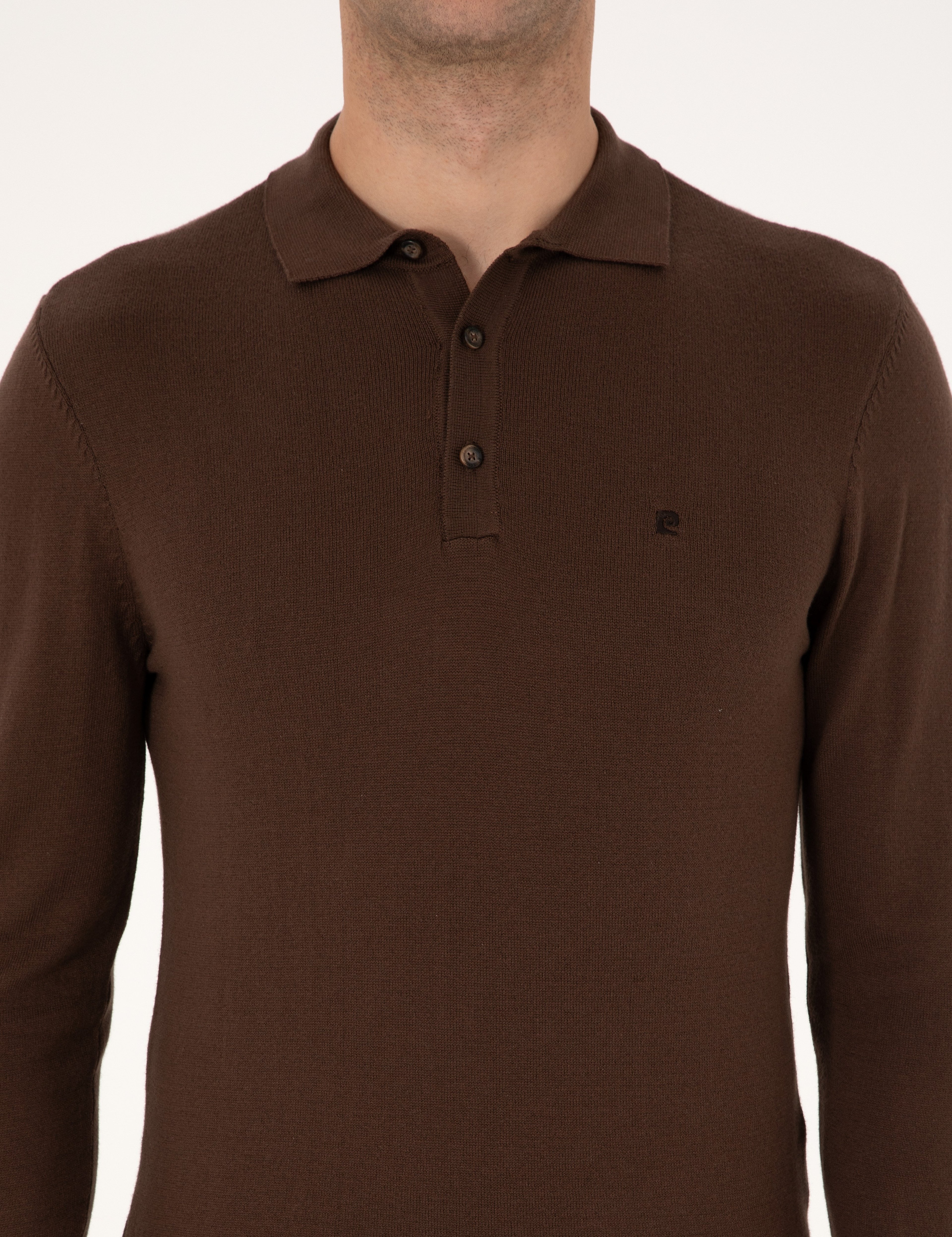Kahverengi Slim Fit Polo Yaka Basic Triko Kazak - Image 6