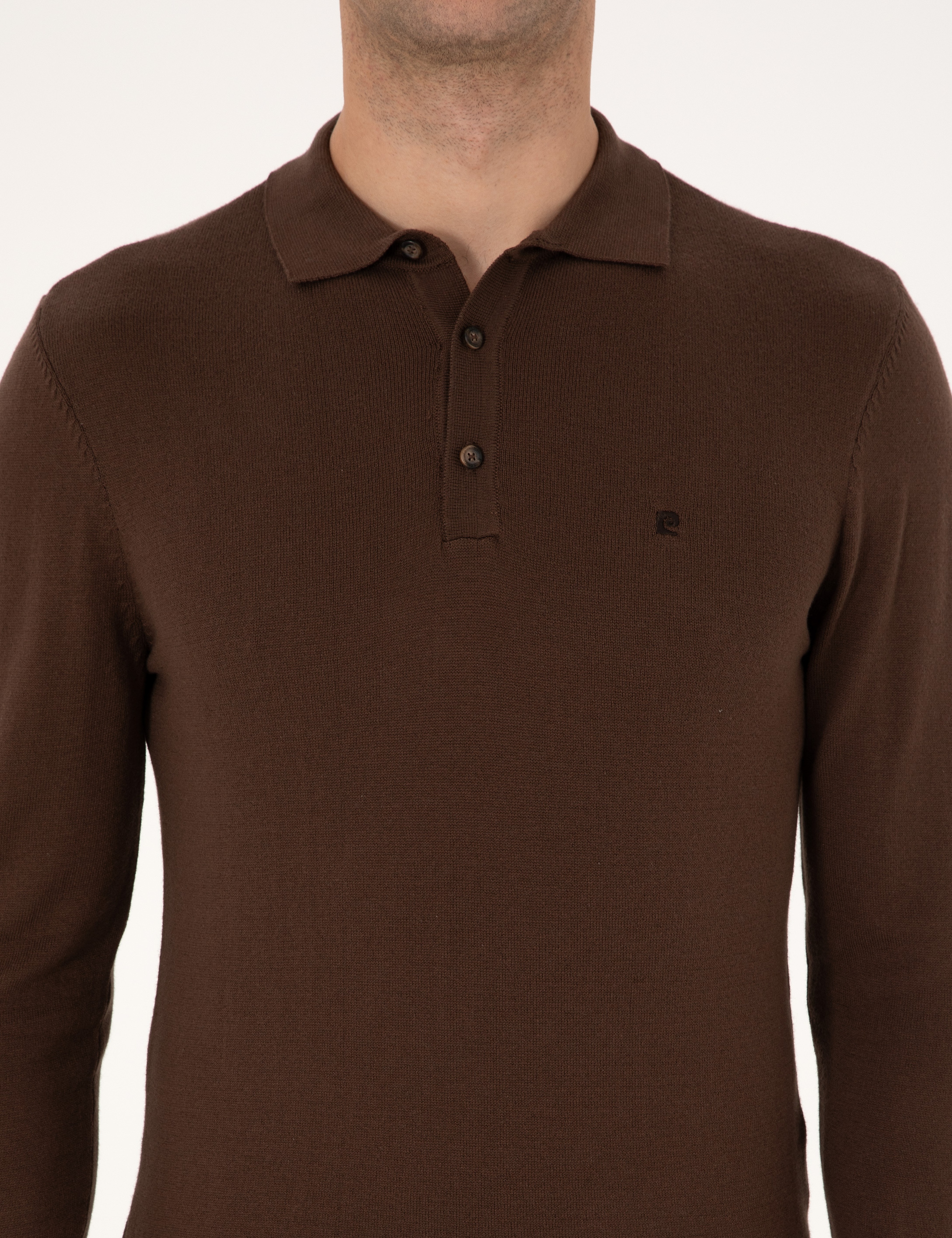 Kahverengi Slim Fit Polo Yaka Basic Triko Kazak