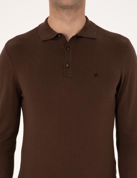 Kahverengi Slim Fit Polo Yaka Basic Triko Kazak - 50314189068