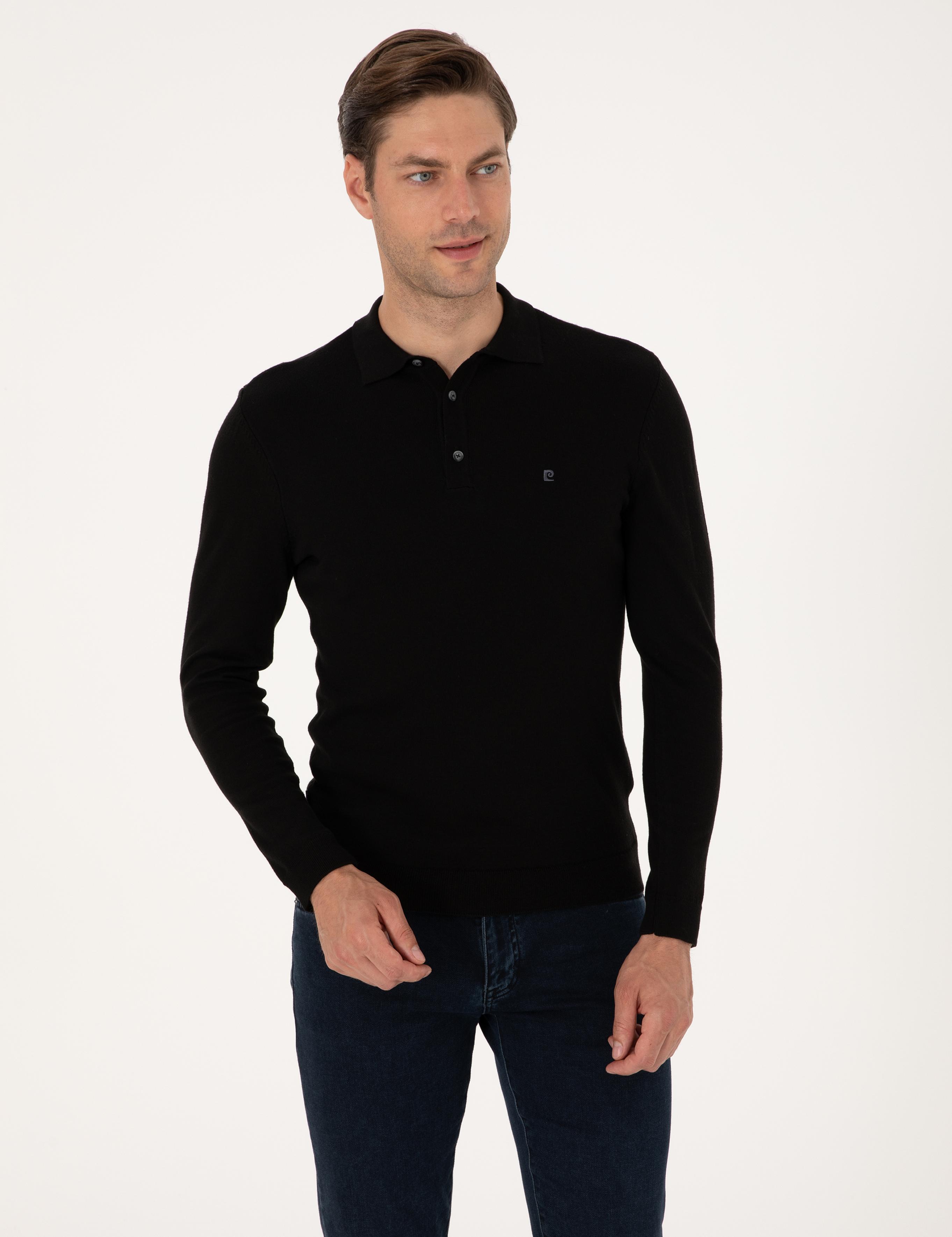 Siyah Slim Fit Polo Yaka Basic Triko Kazak