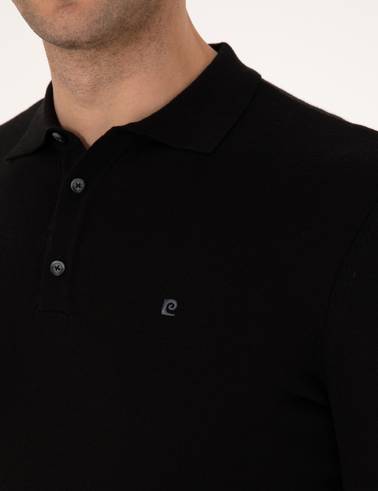 Siyah Slim Fit Polo Yaka Basic Triko Kazak