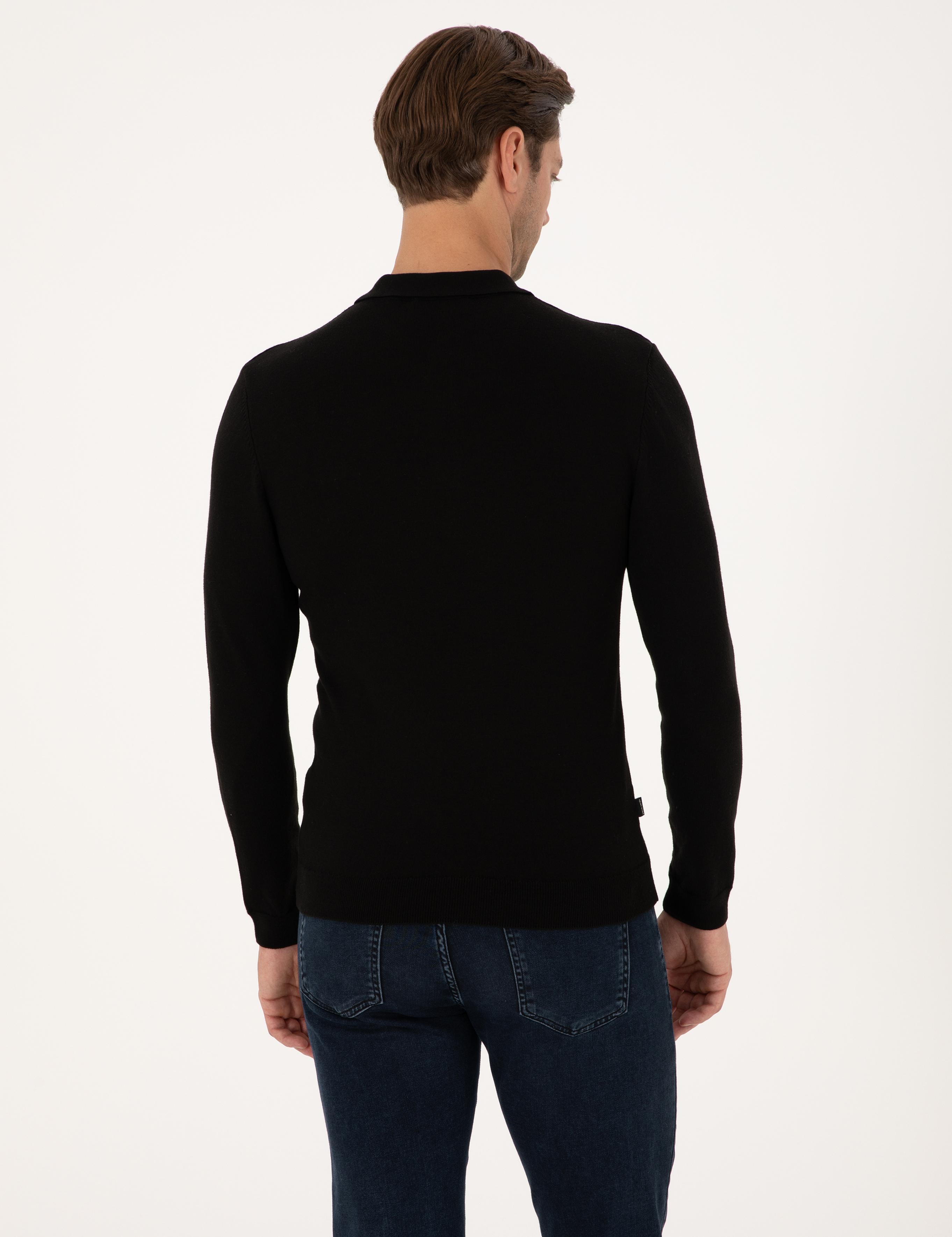 Siyah Slim Fit Polo Yaka Basic Triko Kazak