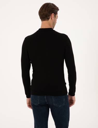 Siyah Slim Fit Polo Yaka Basic Triko Kazak