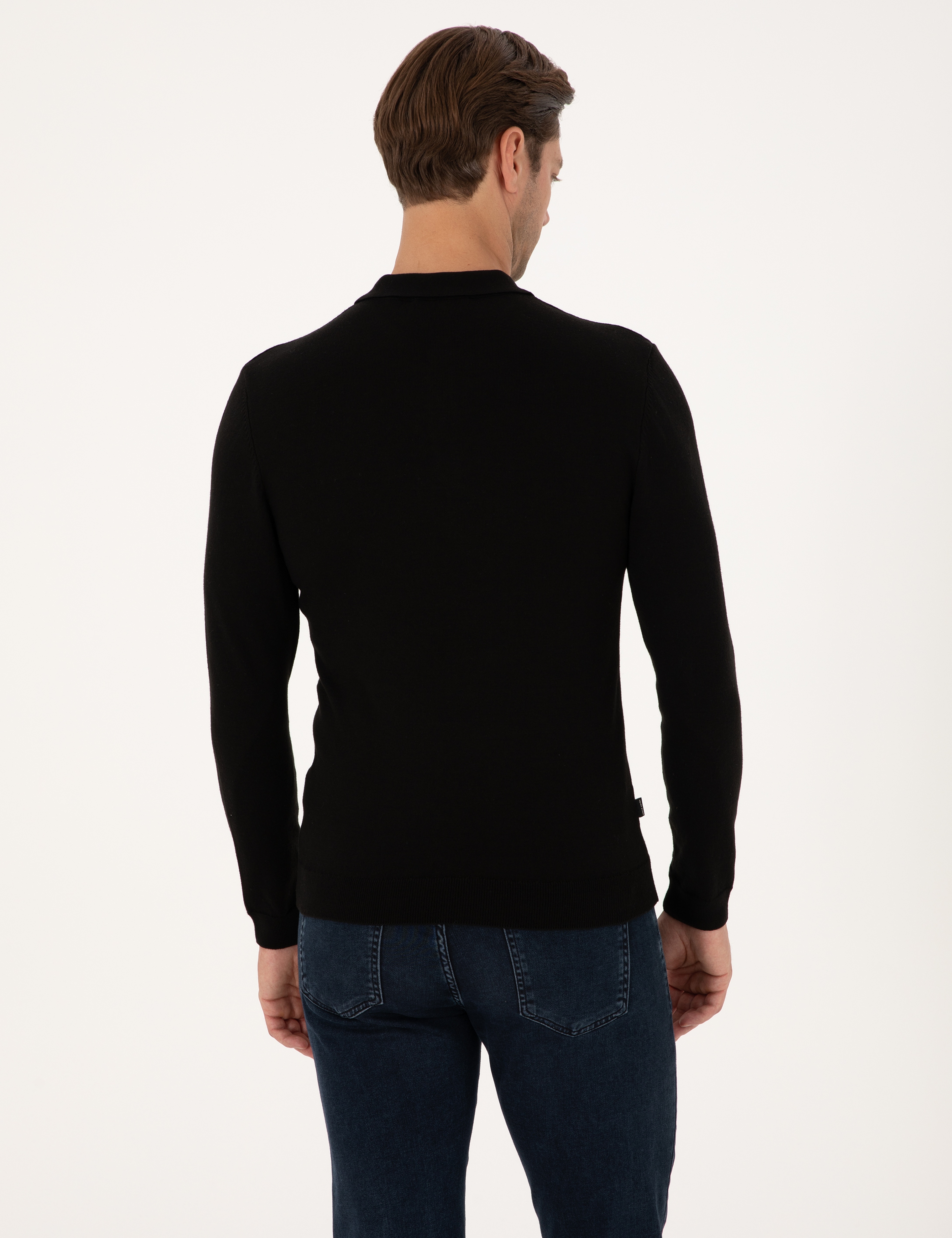 Siyah Slim Fit Polo Yaka Basic Triko Kazak