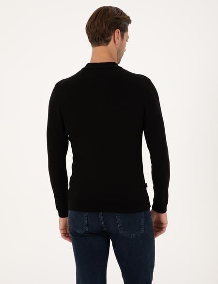 Siyah Slim Fit Polo Yaka Basic Triko Kazak - 50314189009