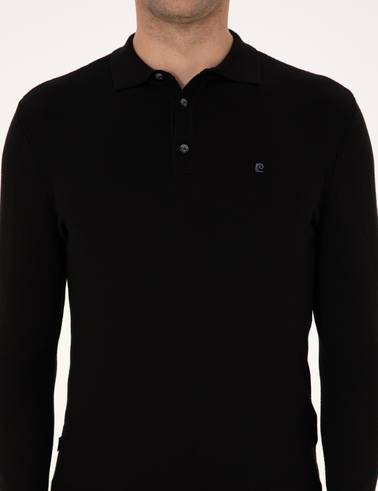 Siyah Slim Fit Polo Yaka Basic Triko Kazak