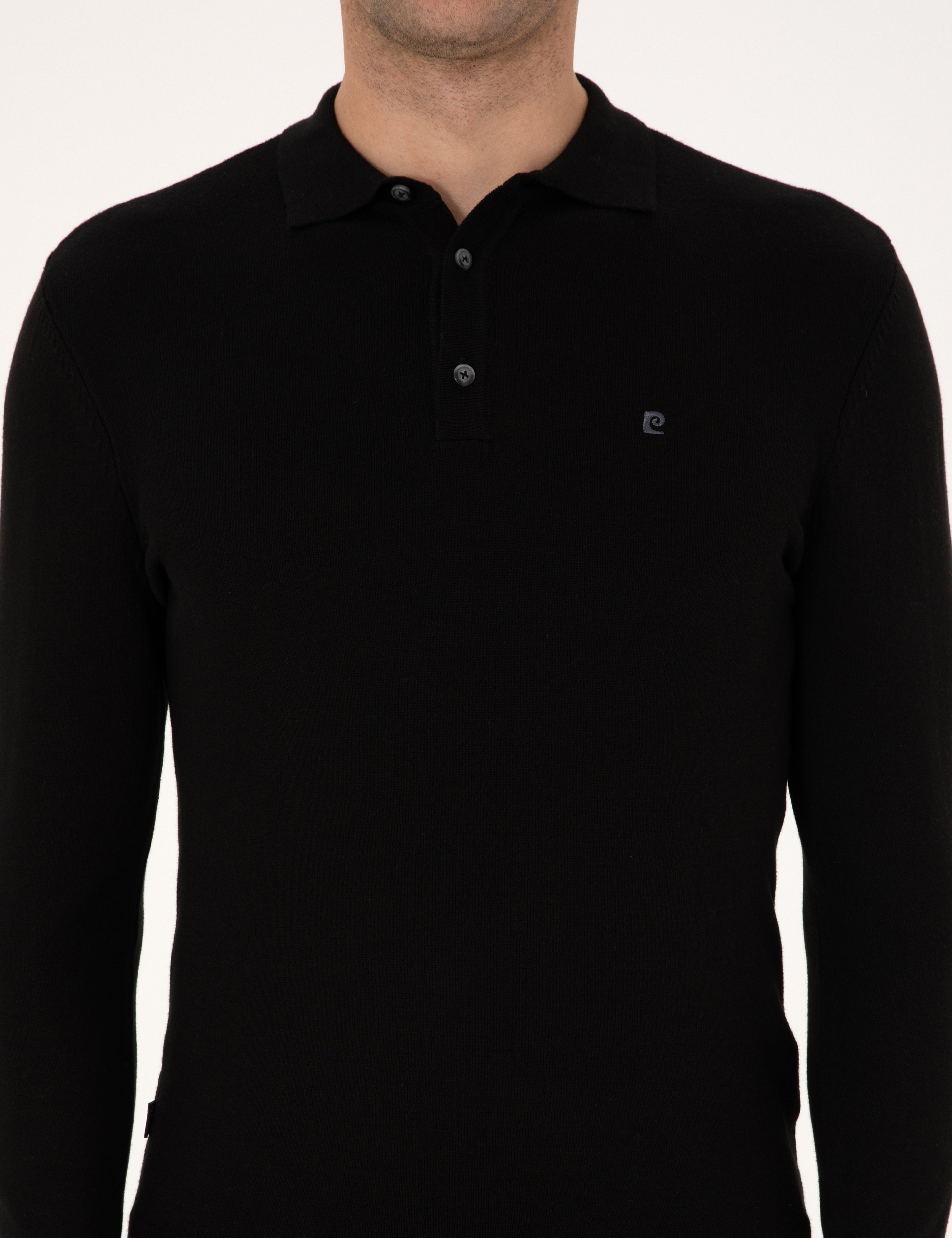 Siyah Slim Fit Polo Yaka Basic Triko Kazak - Image 6