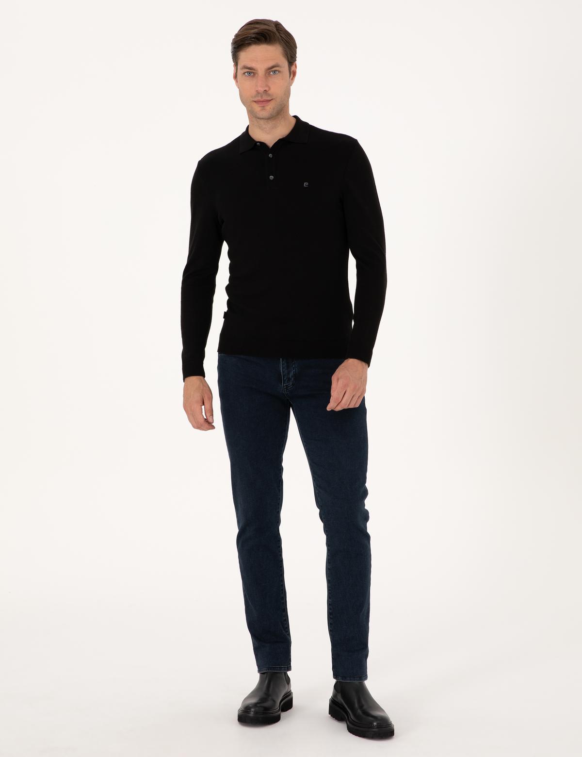 Siyah Slim Fit Polo Yaka Basic Triko Kazak - 50314189009