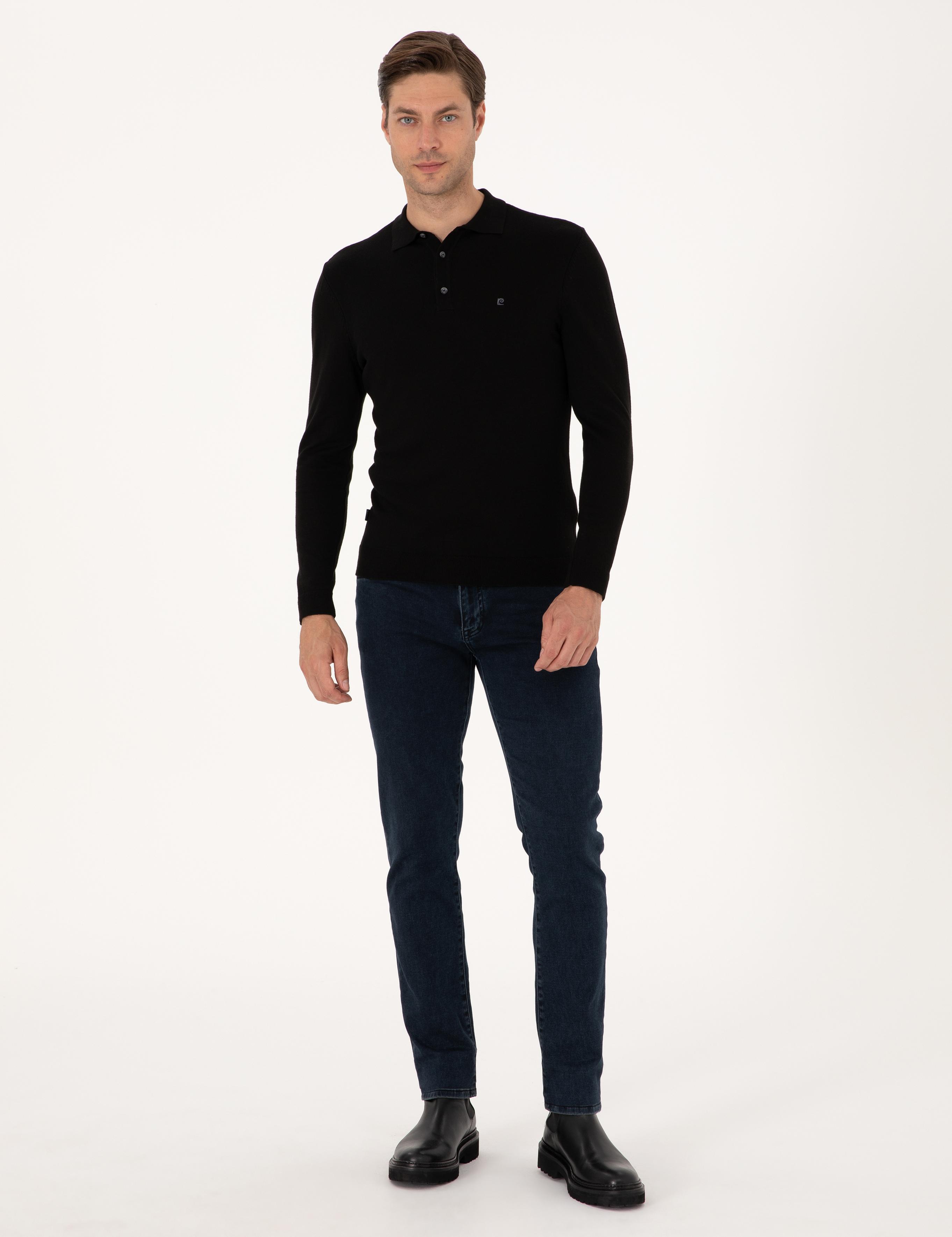 Siyah Slim Fit Polo Yaka Basic Triko Kazak