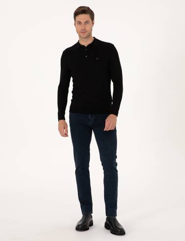 Siyah Slim Fit Polo Yaka Basic Triko Kazak