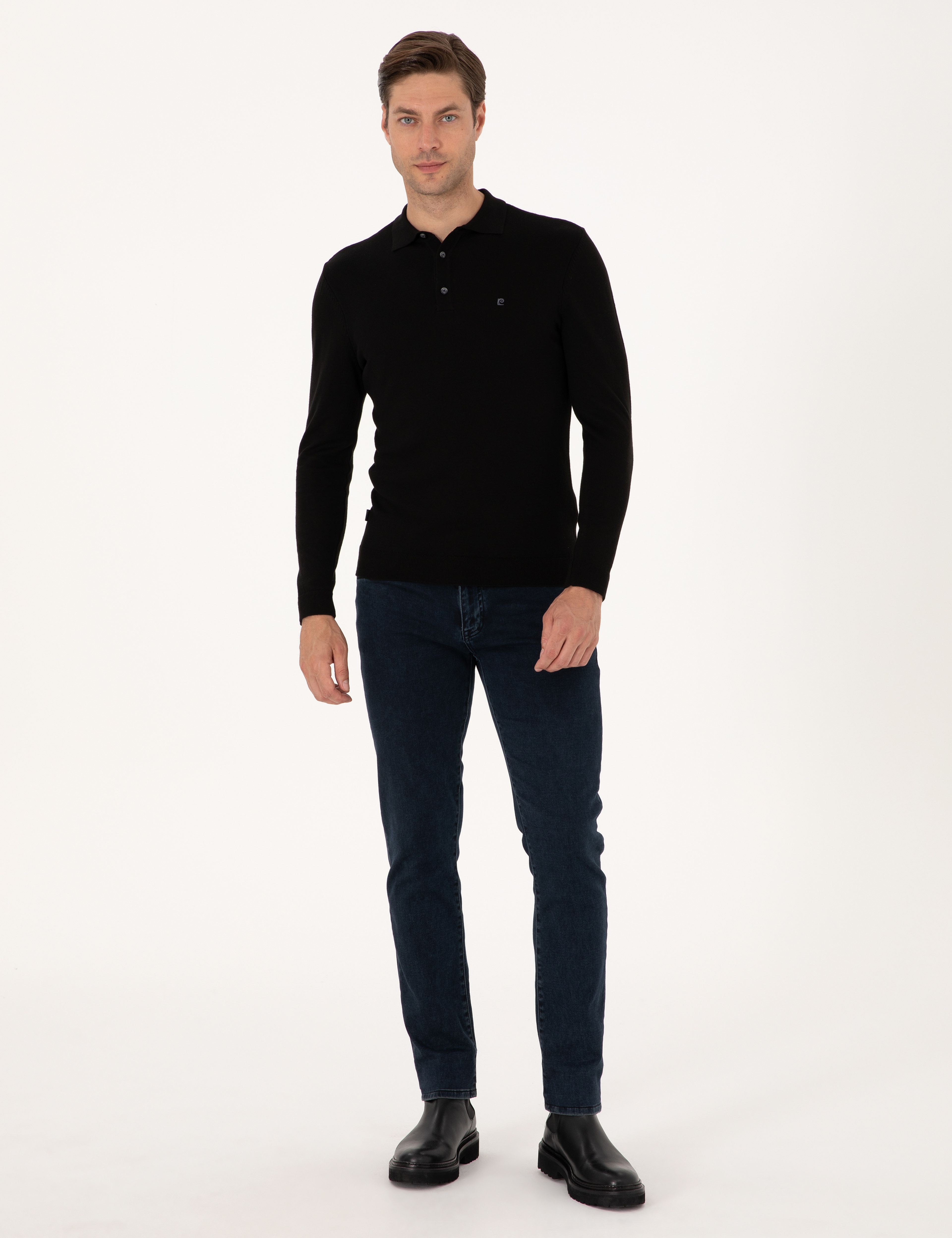 Siyah Slim Fit Polo Yaka Basic Triko Kazak