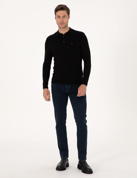 Siyah Slim Fit Polo Yaka Basic Triko Kazak - 50314189009