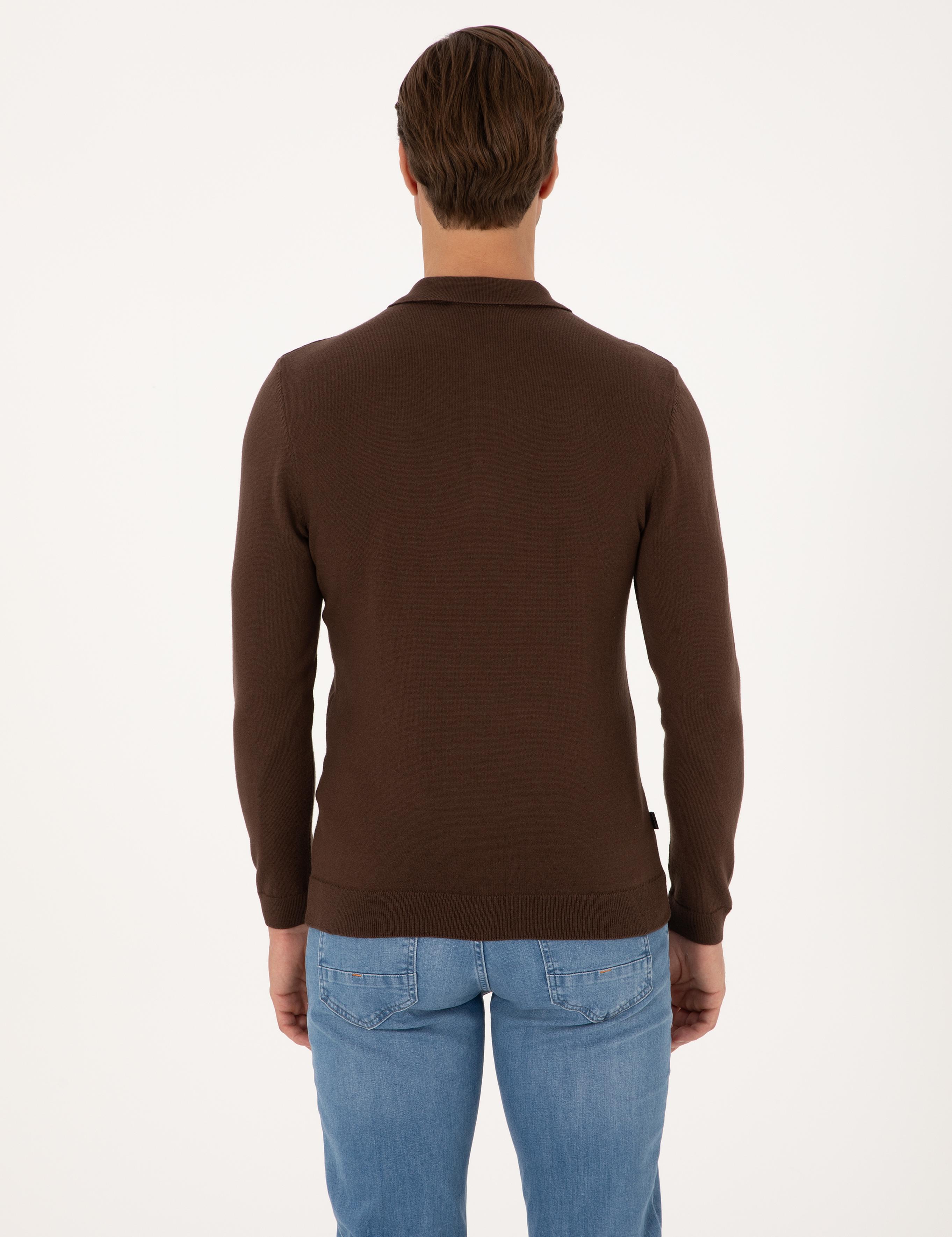 Kahverengi Slim Fit Polo Yaka Basic Triko Kazak