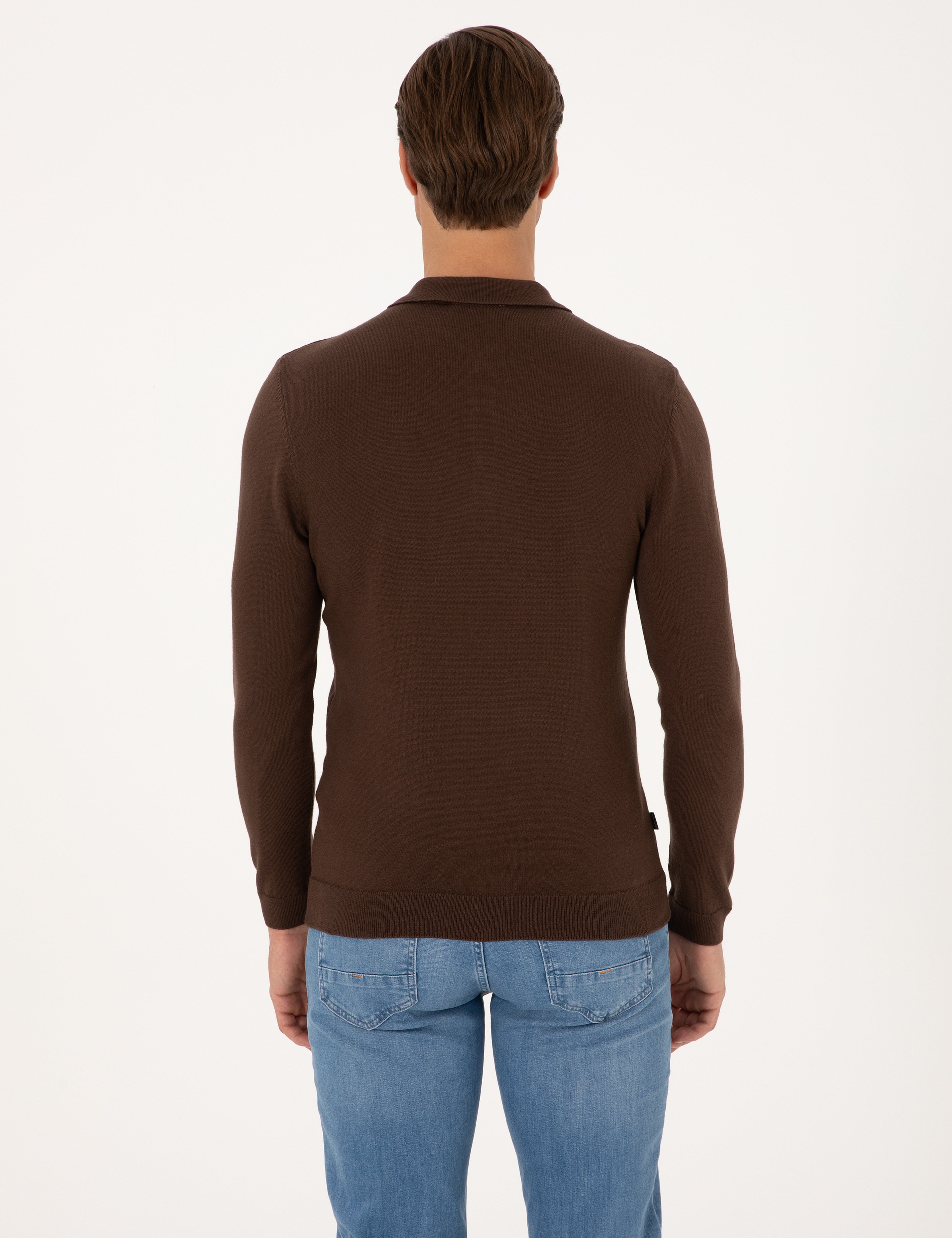 Kahverengi Slim Fit Polo Yaka Basic Triko Kazak - Image 5
