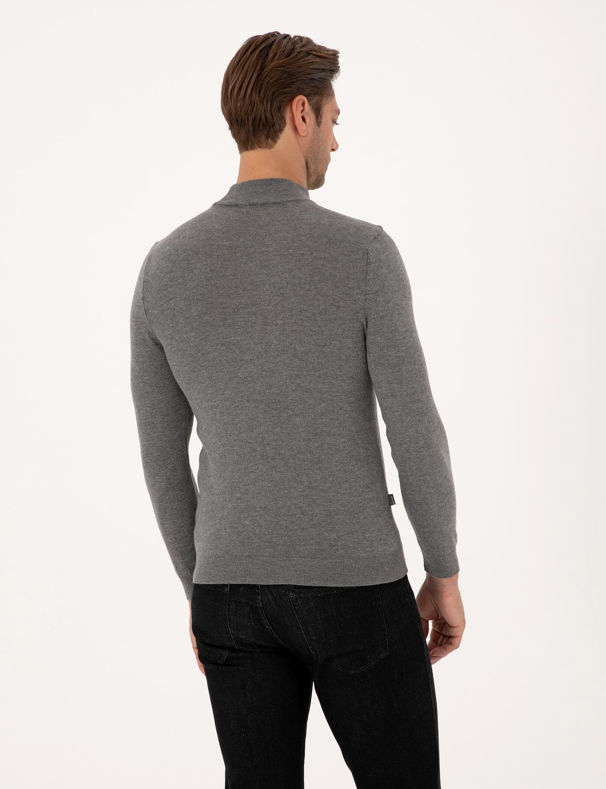 Gri Melanj Slim Fit Yarım Balıkçı Yaka Basic Triko Kazak - 50314176156