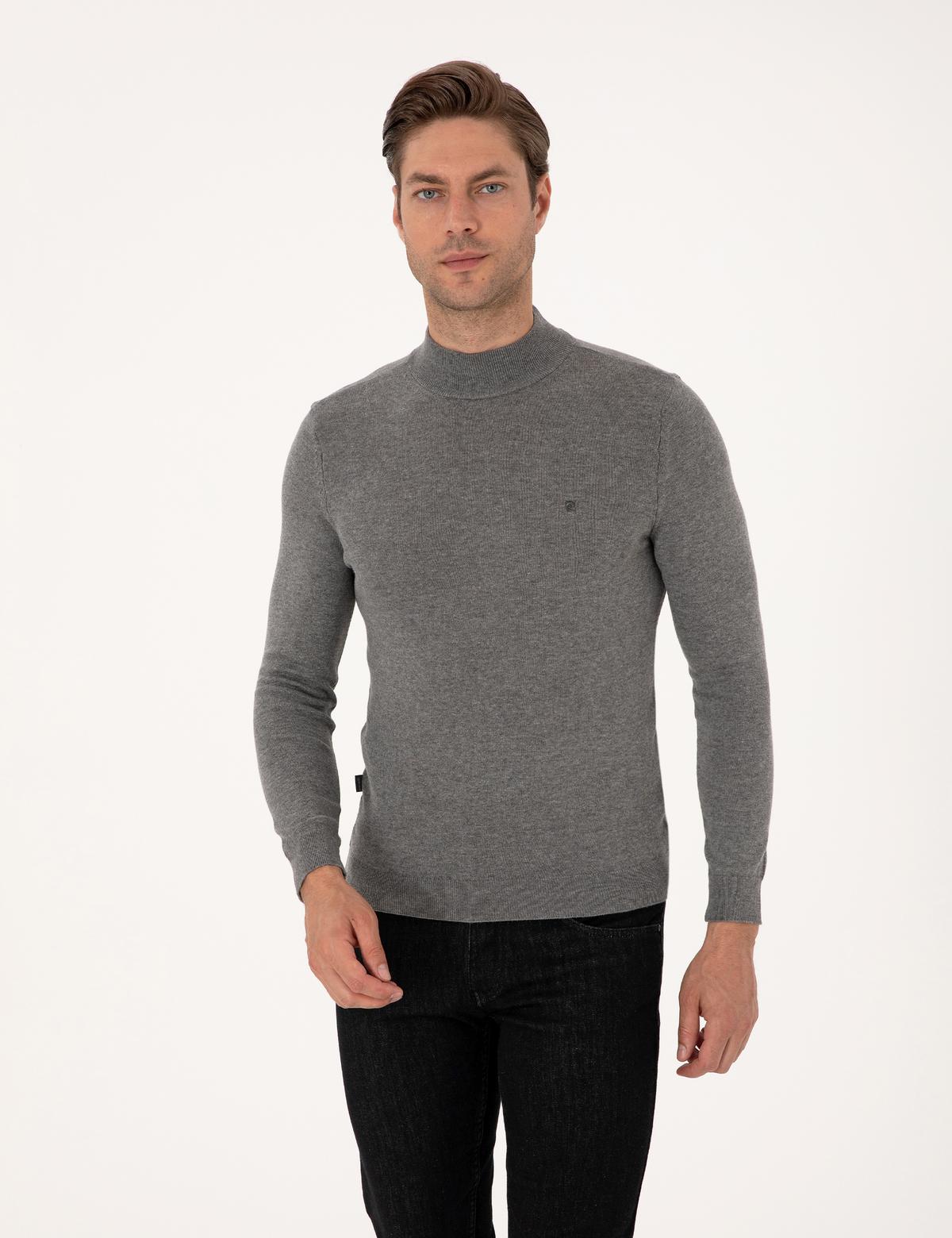 Gri Melanj Slim Fit Yarım Balıkçı Yaka Basic Triko Kazak