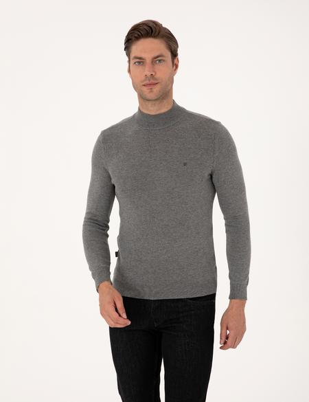 Gri Melanj Slim Fit Yarım Balıkçı Yaka Basic Triko Kazak - 50314176156