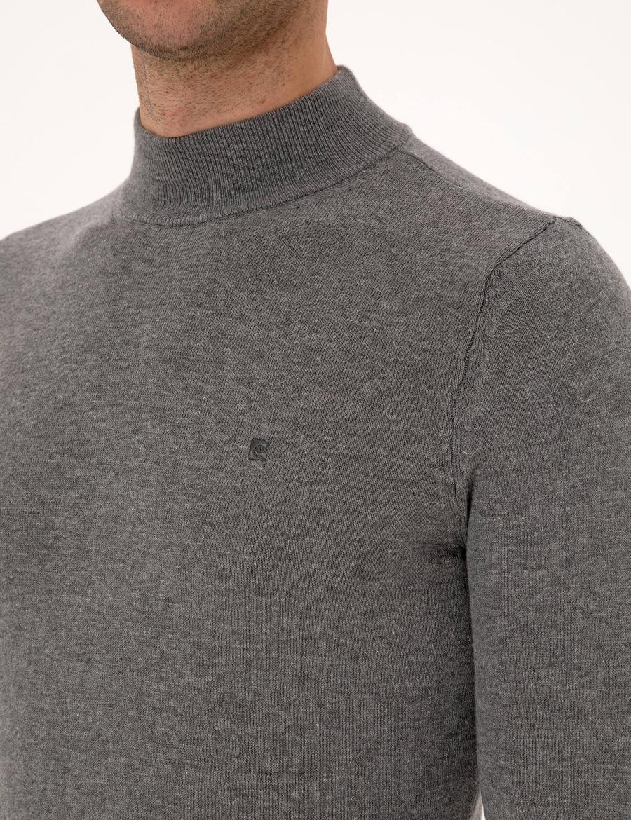 Gri Melanj Slim Fit Yarım Balıkçı Yaka Basic Triko Kazak
