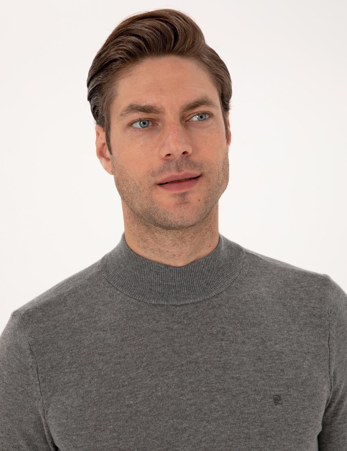 Gri Melanj Slim Fit Yarım Balıkçı Yaka Basic Triko Kazak - 50314176156