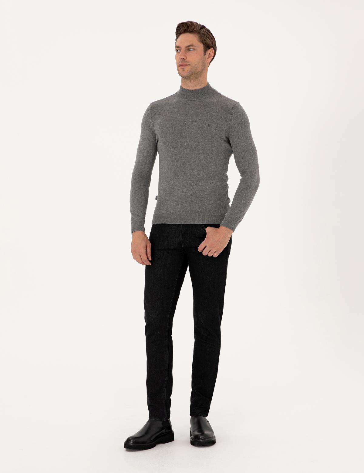 Gri Melanj Slim Fit Yarım Balıkçı Yaka Basic Triko Kazak - 50314176156