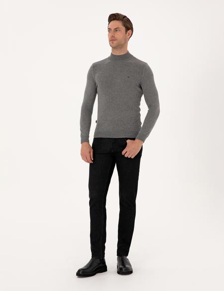 Gri Melanj Slim Fit Yarım Balıkçı Yaka Basic Triko Kazak - 50314176156