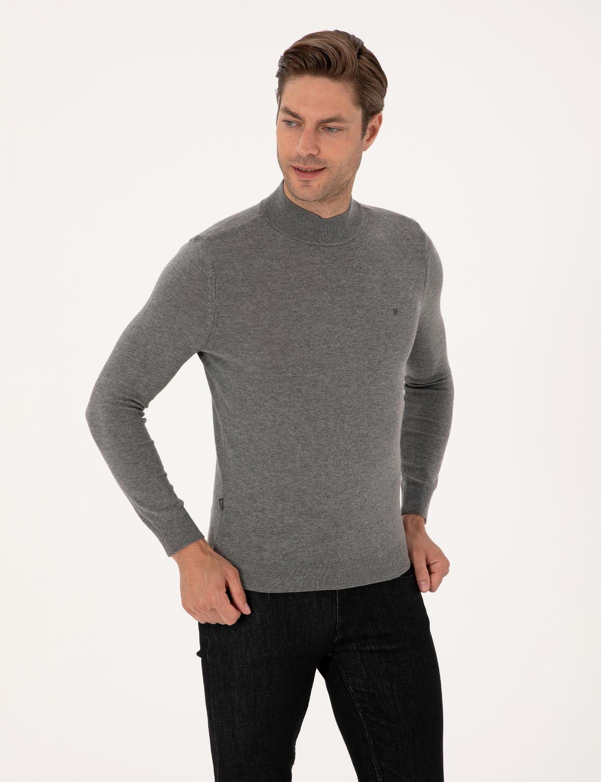 Gri Melanj Slim Fit Yarım Balıkçı Yaka Basic Triko Kazak - 50314176156