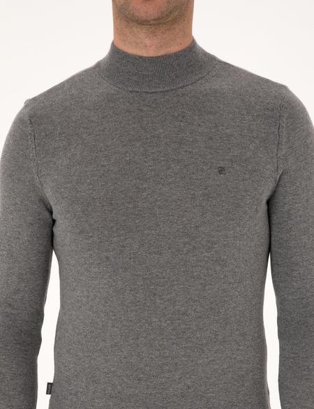 Gri Melanj Slim Fit Yarım Balıkçı Yaka Basic Triko Kazak - 50314176156