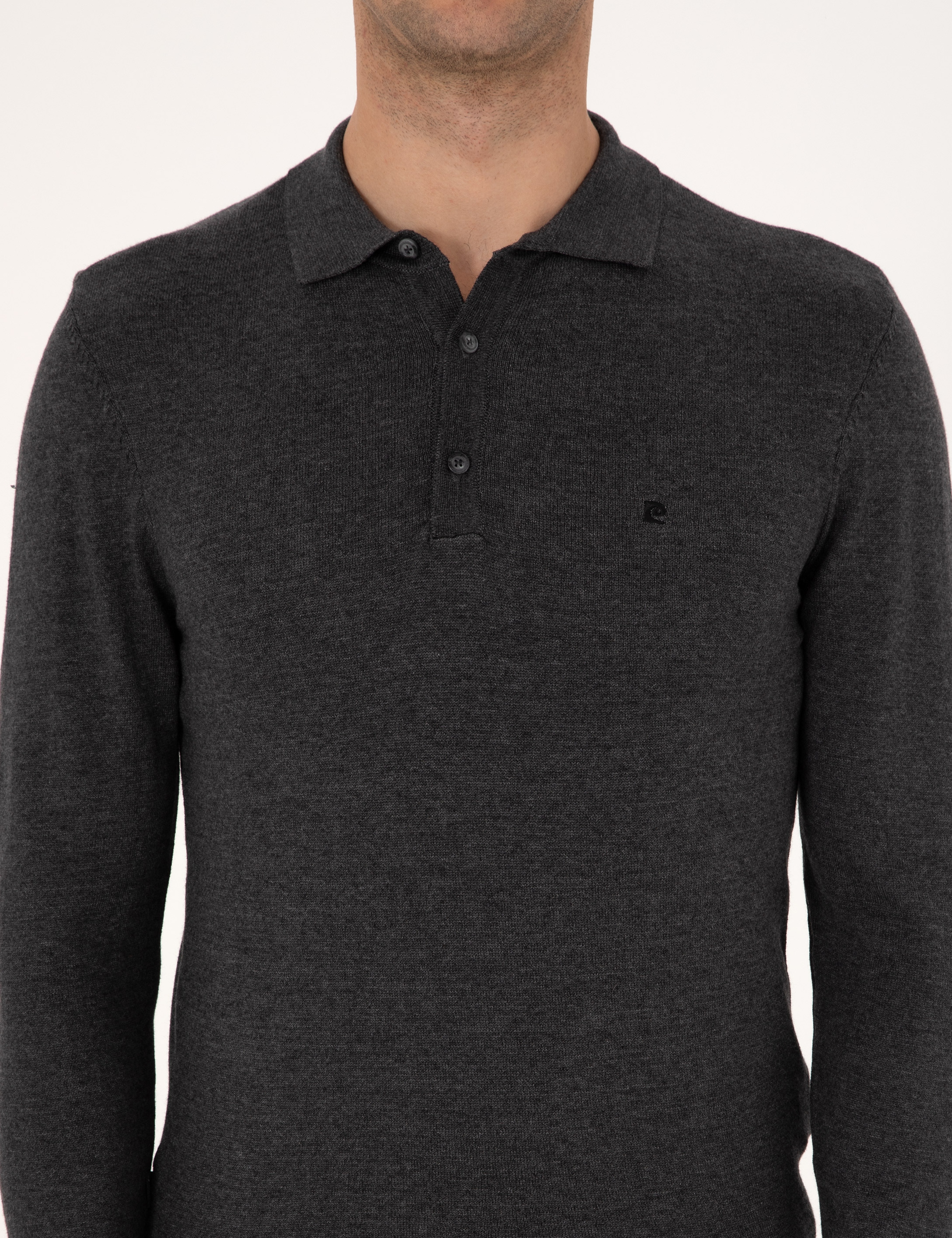 Antrasit Melanj Slim Fit Polo Yaka Basic Triko Kazak - Image 6