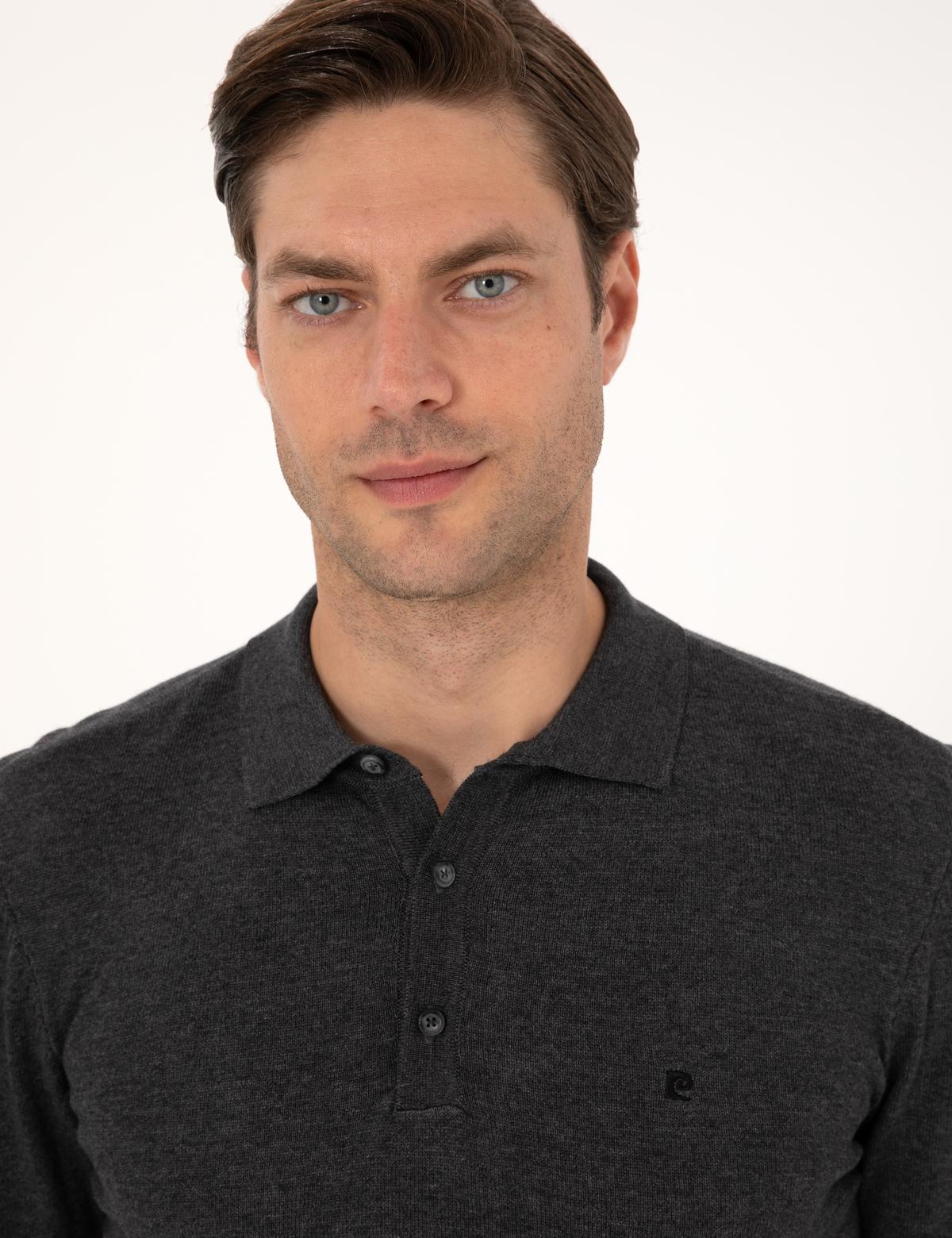 Antrasit Melanj Slim Fit Polo Yaka Basic Triko Kazak - 50314189037