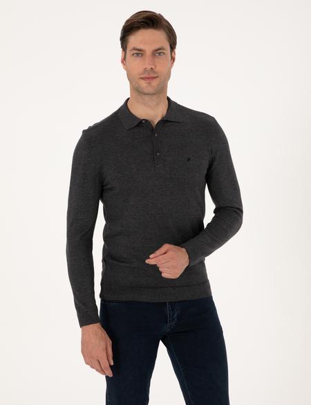 Antrasit Melanj Slim Fit Polo Yaka Basic Triko Kazak - 50314189037