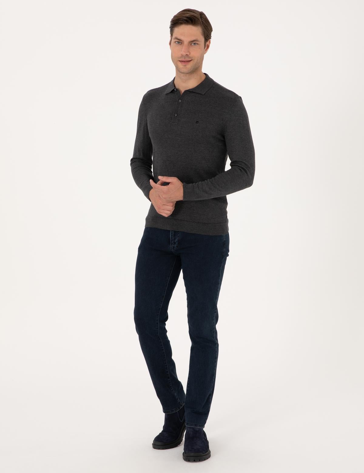 Antrasit Melanj Slim Fit Polo Yaka Basic Triko Kazak - 50314189037