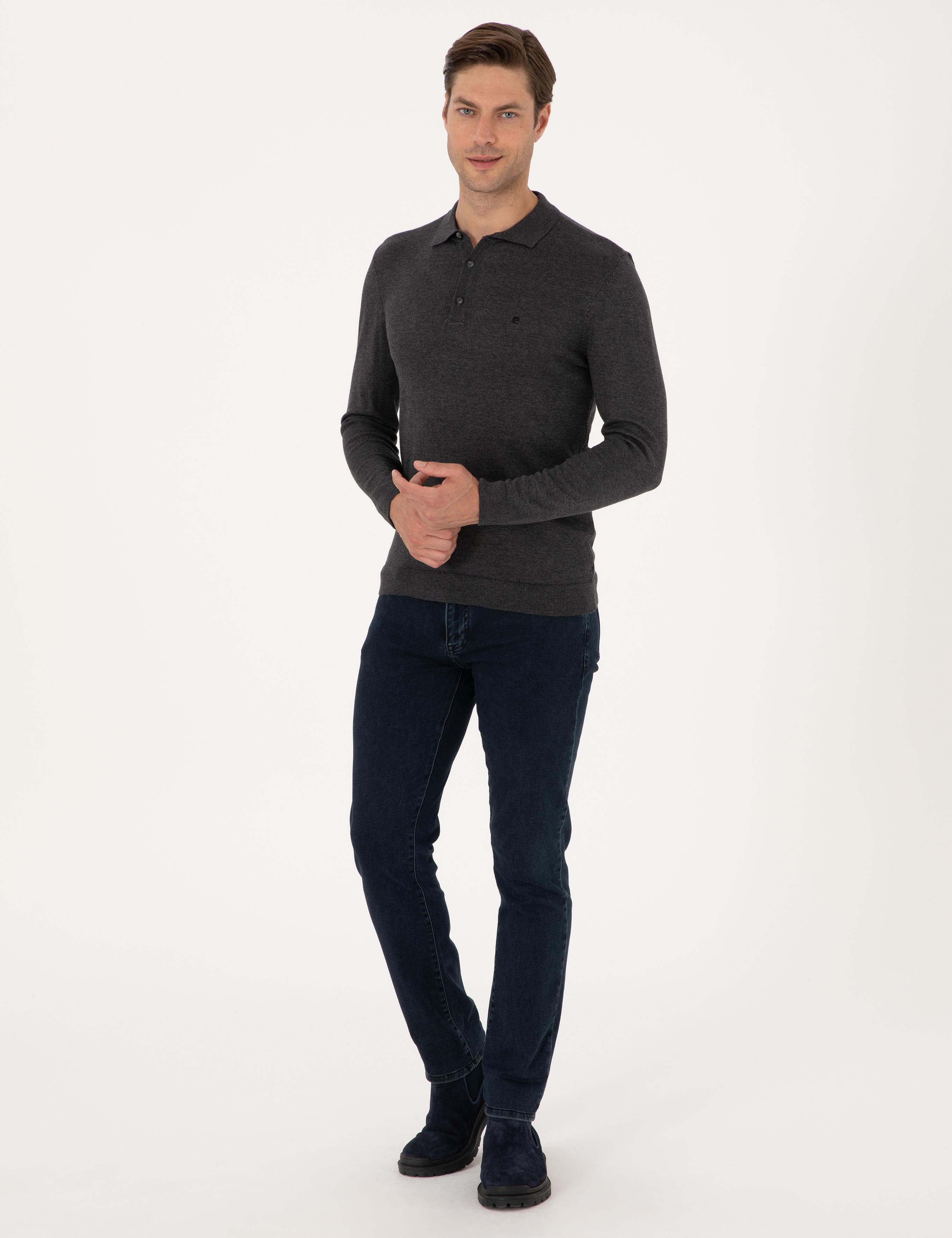 Antrasit Melanj Slim Fit Polo Yaka Basic Triko Kazak