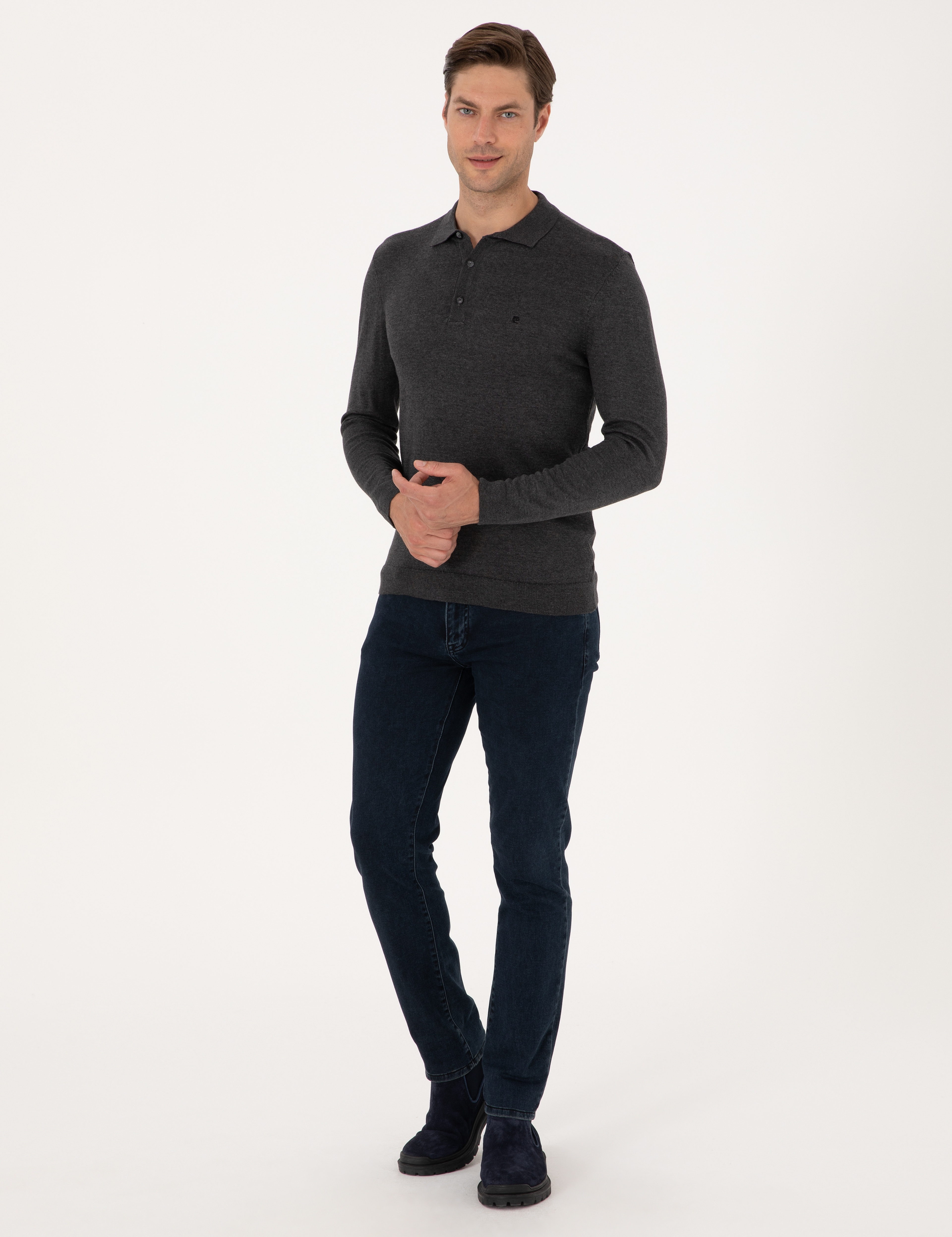 Antrasit Melanj Slim Fit Polo Yaka Basic Triko Kazak - Image 4