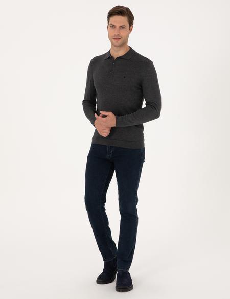 Antrasit Melanj Slim Fit Polo Yaka Basic Triko Kazak - 50314189037