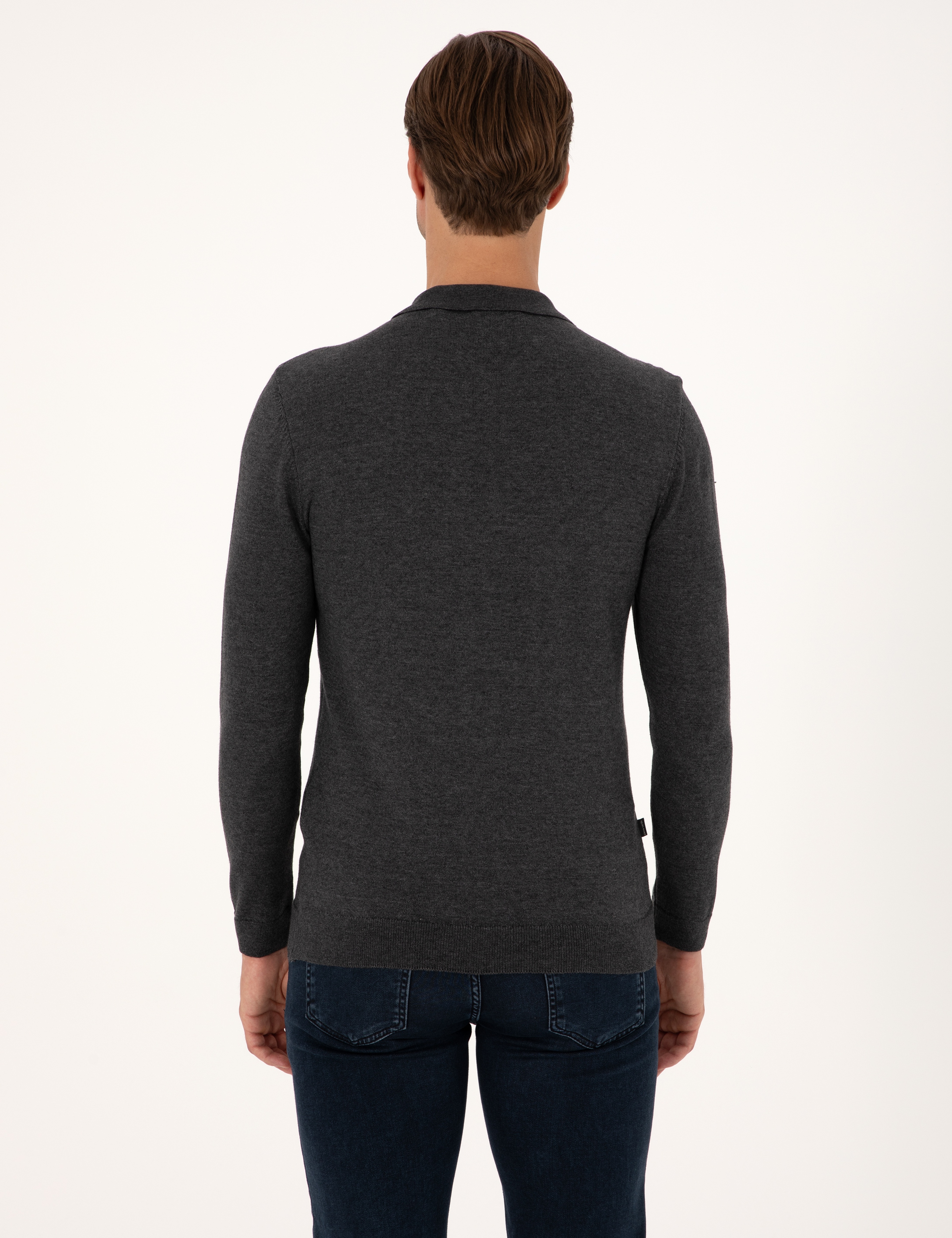 Antrasit Melanj Slim Fit Polo Yaka Basic Triko Kazak - Image 5