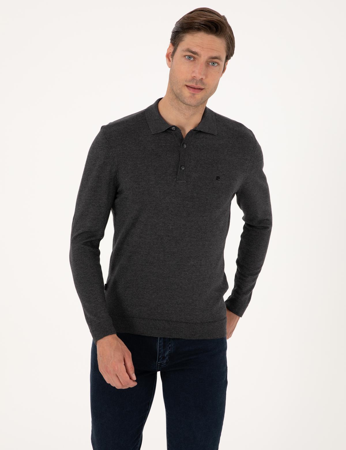 Antrasit Melanj Slim Fit Polo Yaka Basic Triko Kazak - 50314189037