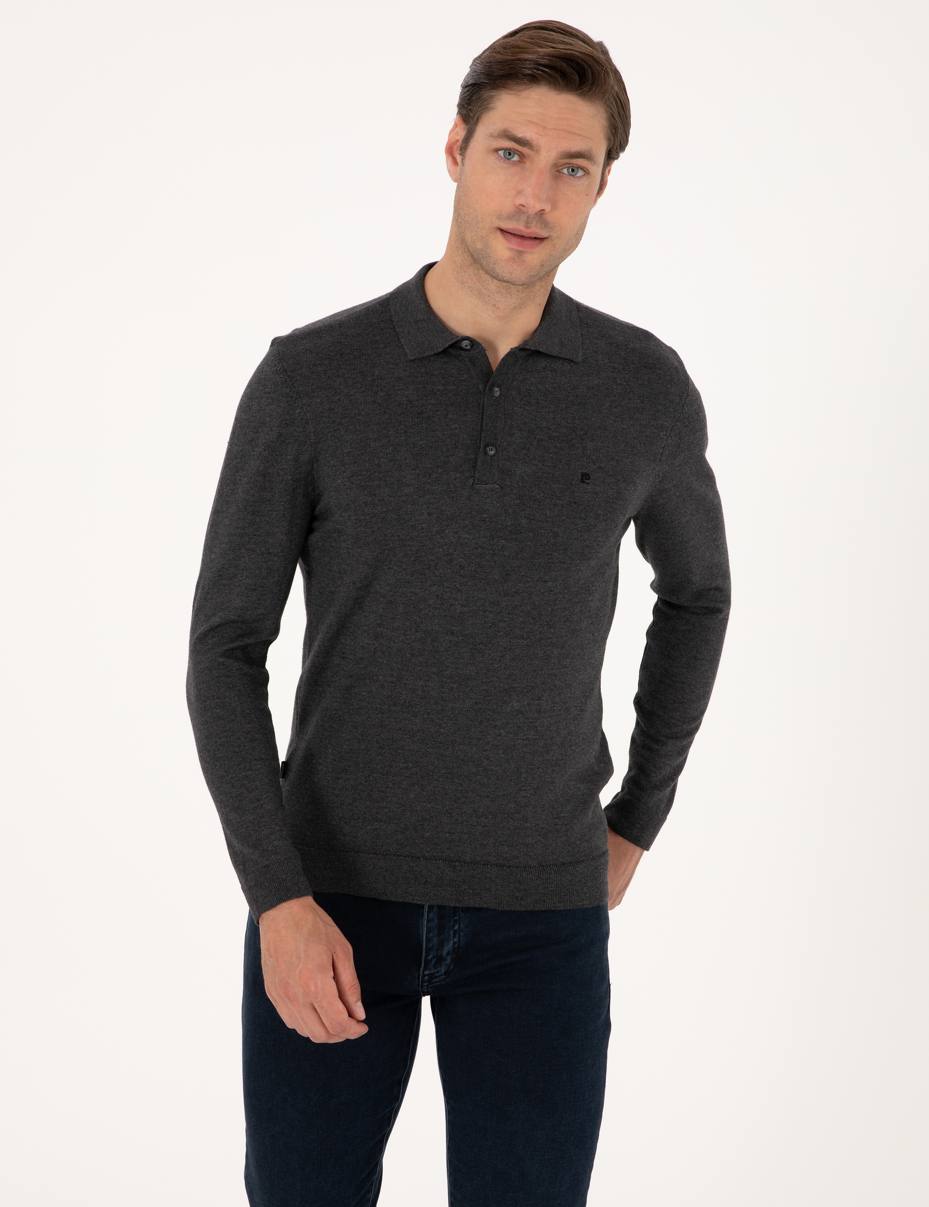 Antrasit Melanj Slim Fit Polo Yaka Basic Triko Kazak - Image 3