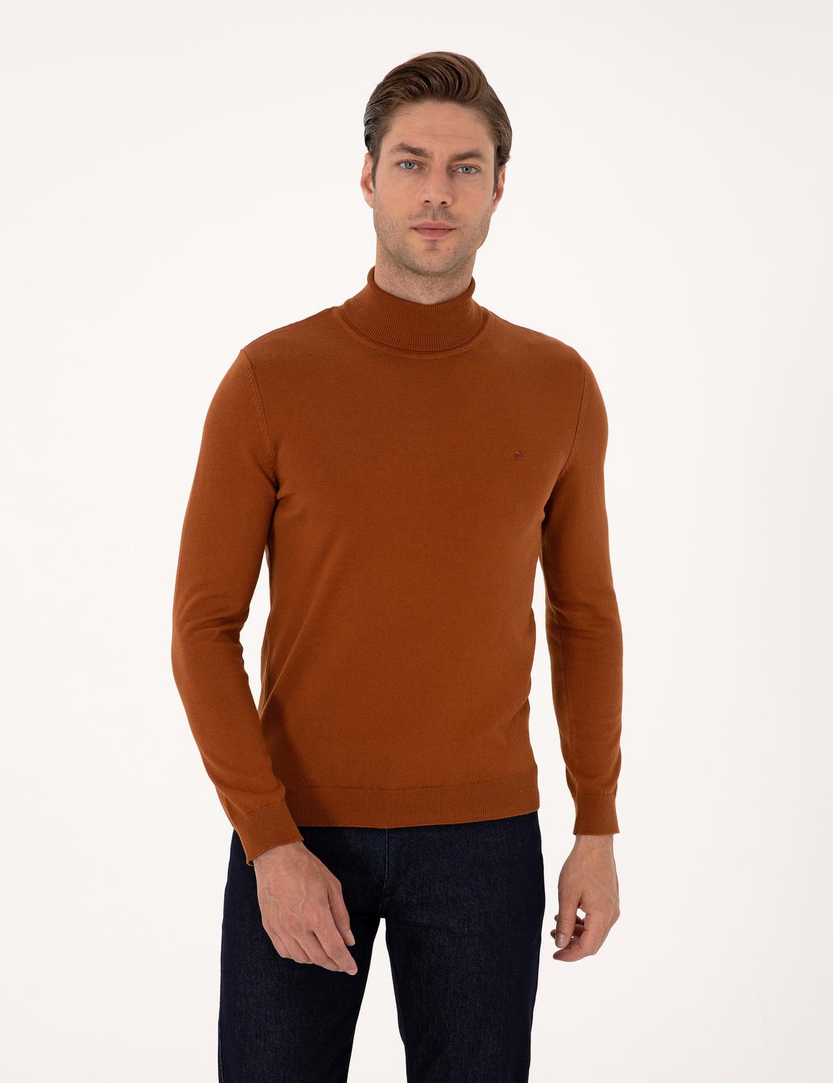 Kahverengi Slim Fit Balıkçı Yaka Basic Triko Kazak