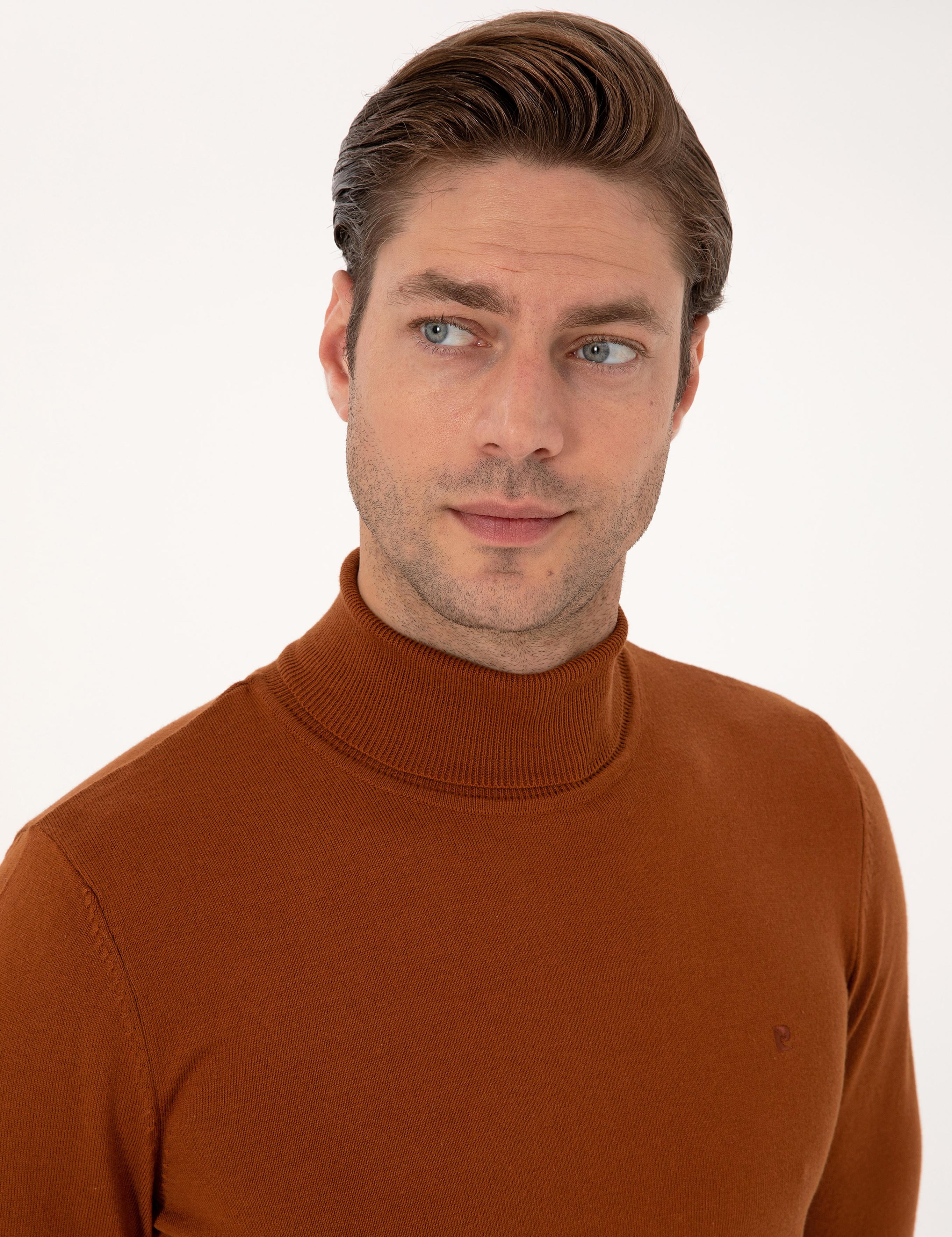 Kahverengi Slim Fit Balıkçı Yaka Basic Triko Kazak